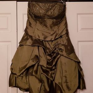 Olive green hand beaded strapless dress.